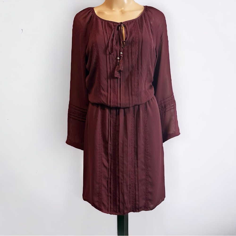 White House Black Market Semi Sheer Burgundy Blouson Elastic Waist Dress